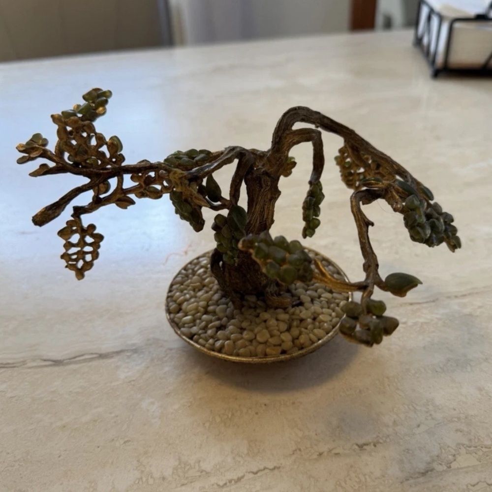 Vintage Stone Bonsai Tree Sculpture Brass Base Asian Decor